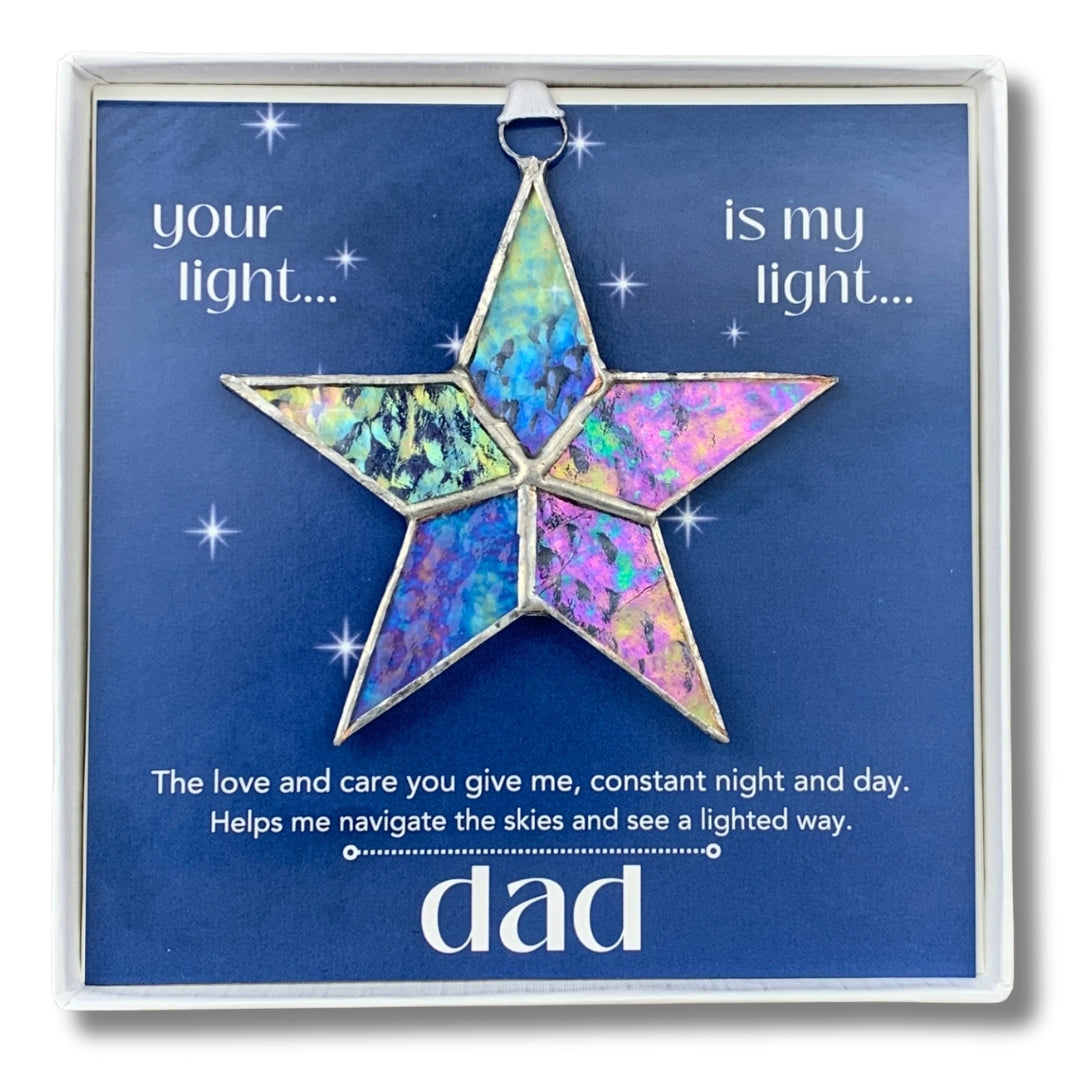 Handmade 4" clear iridescent stained-glass star with silver edging, packaged with "Dad" sentiment in white gift box with clear lid.