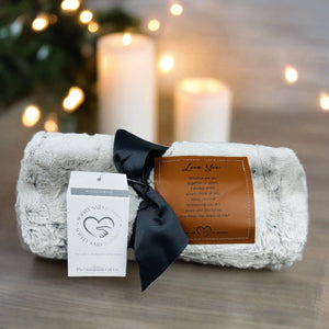 2 of 7:Love You blanket rolled and tied with a gray grosgrain ribbon.