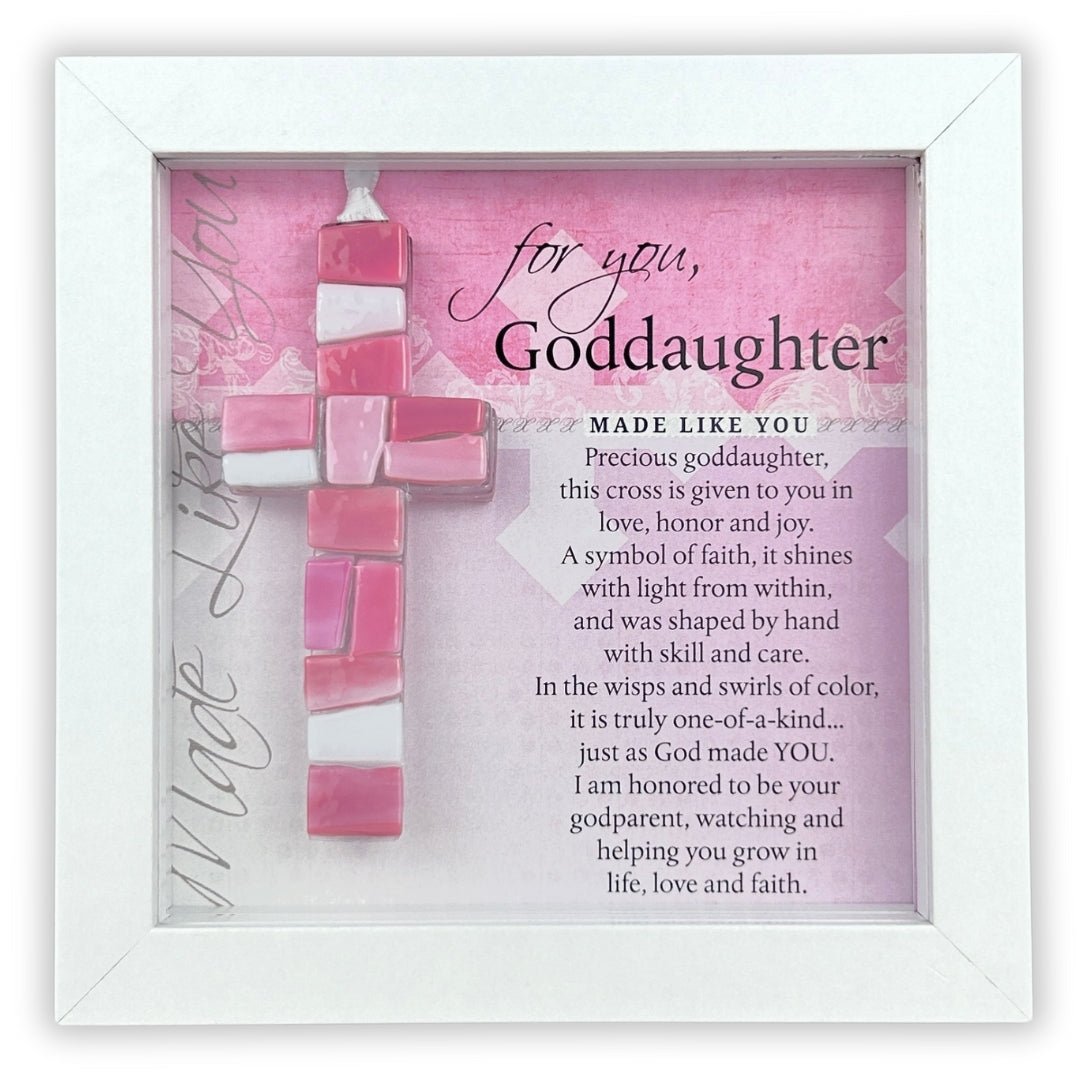 Goddaughter sentiment with pink and white mosaic cross in a 6x6" white shadowbox frame.