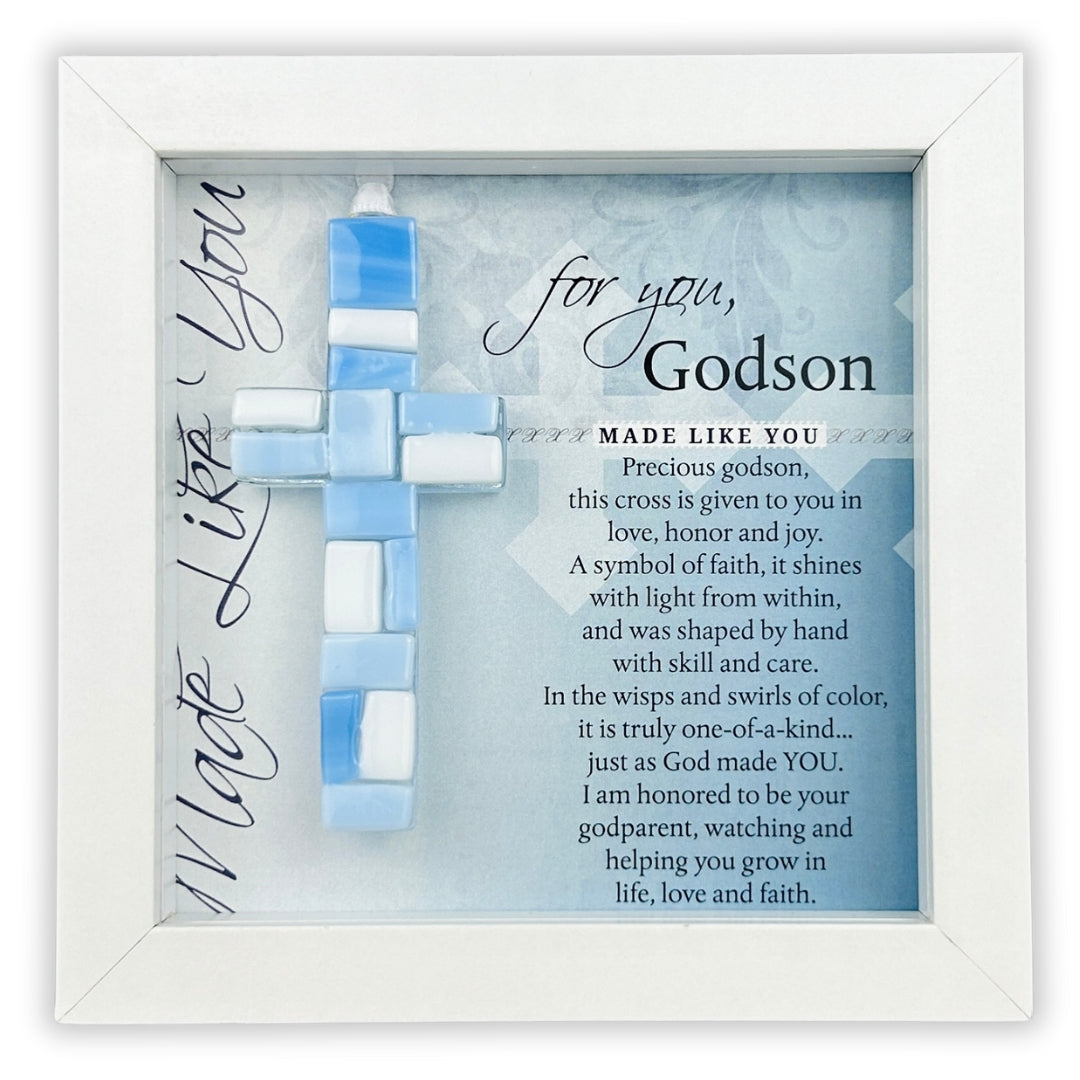 Handmade 4" blue mosaic glass cross and "For You, Godson" sentiment in white shadow box frame.
