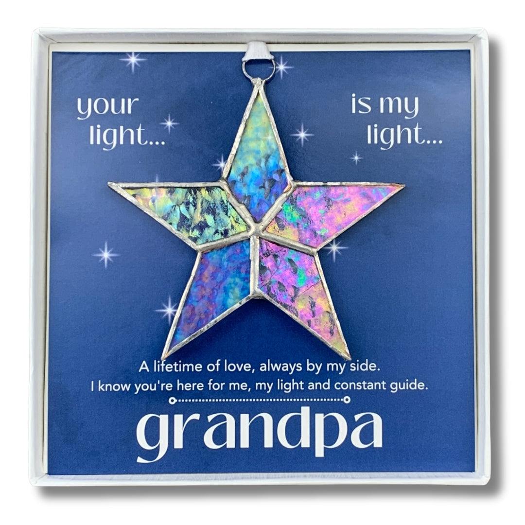 Handmade 4" clear iridescent stained-glass star with silver edging, packaged with "Grandpa" sentiment in white gift box with clear lid.