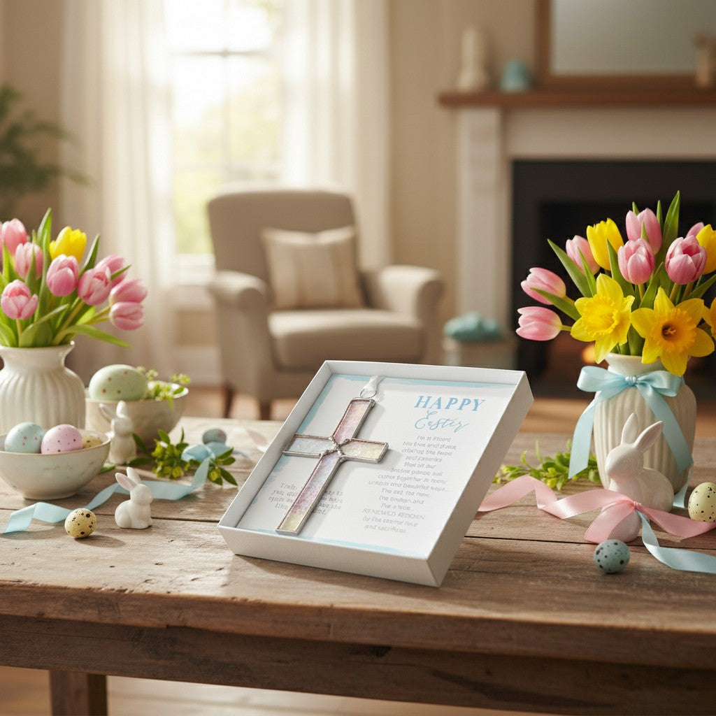 "Happy Easter" gift on a table with Easter decor.