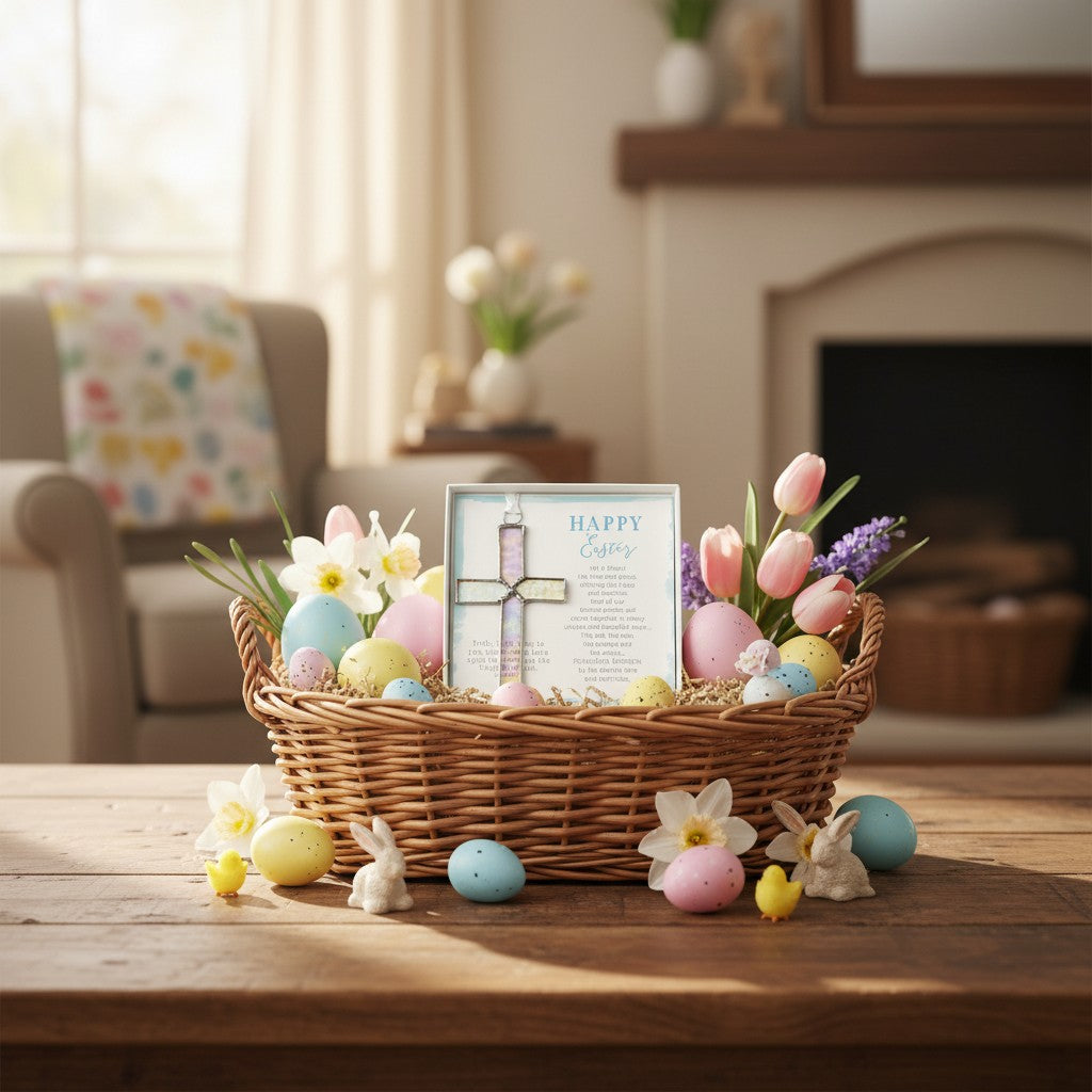 "Happy Easter" cross gift in an Easter basket.