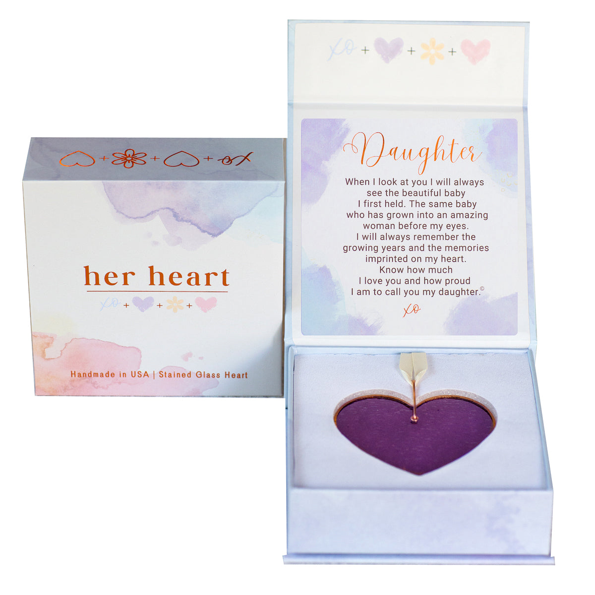 Her Heart for Daughter gift box shown closed and open.  Open box features sentiment card and heart resting in foam cushion.