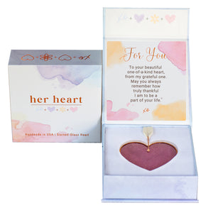 2 of 8:Her Heart For You gift box shown closed and open.  Open box features sentiment card and heart resting in foam cushion.