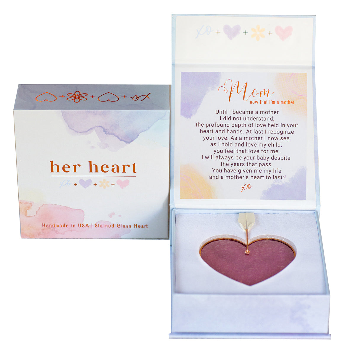 Her Heart for Mom, now that I&#39;m a mother gift box shown closed and open.  Open box features sentiment card and heart resting in foam cushion.