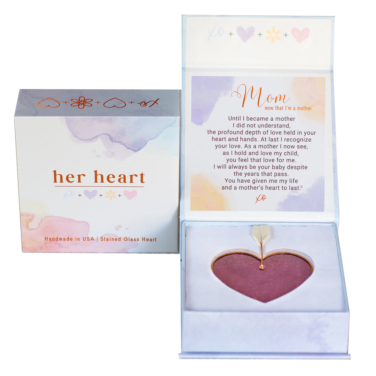 Her Heart for Mom, now that I'm a mother gift box shown closed and open.  Open box features sentiment card and heart resting in foam cushion.
