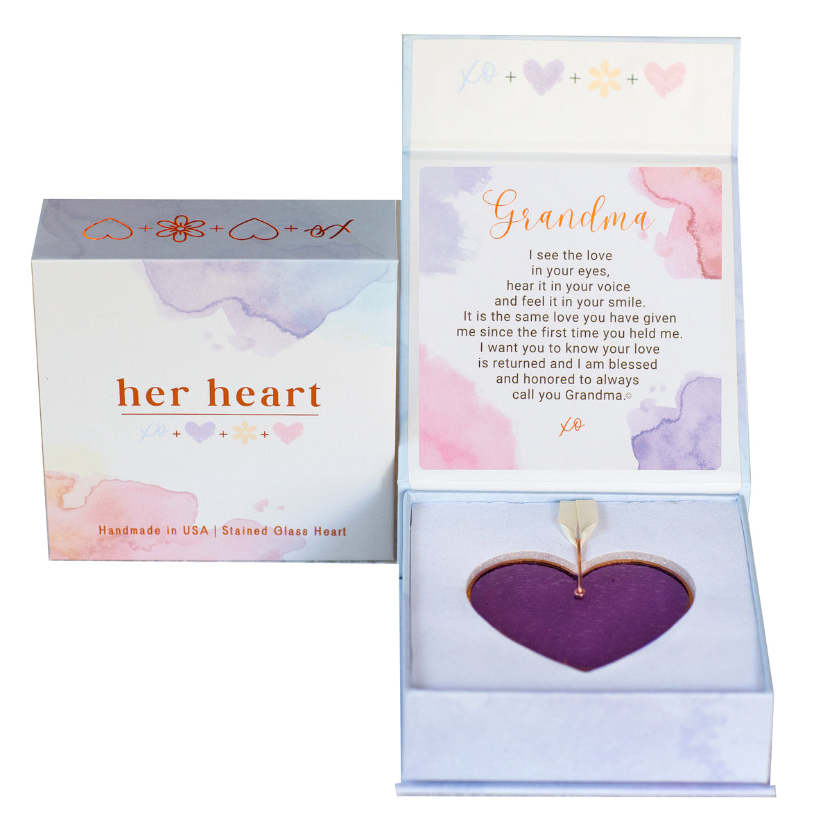 Her Heart for Grandma gift box shown closed and open.  Open box features sentiment card and heart resting in foam cushion.