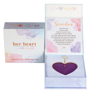 2 of 8:Her Heart for Grandma gift box shown closed and open.  Open box features sentiment card and heart resting in foam cushion.