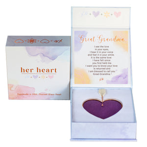 2 of 8:Her Heart for Great-Grandma gift box shown closed and open.  Open box features sentiment card and heart resting in foam cushion.