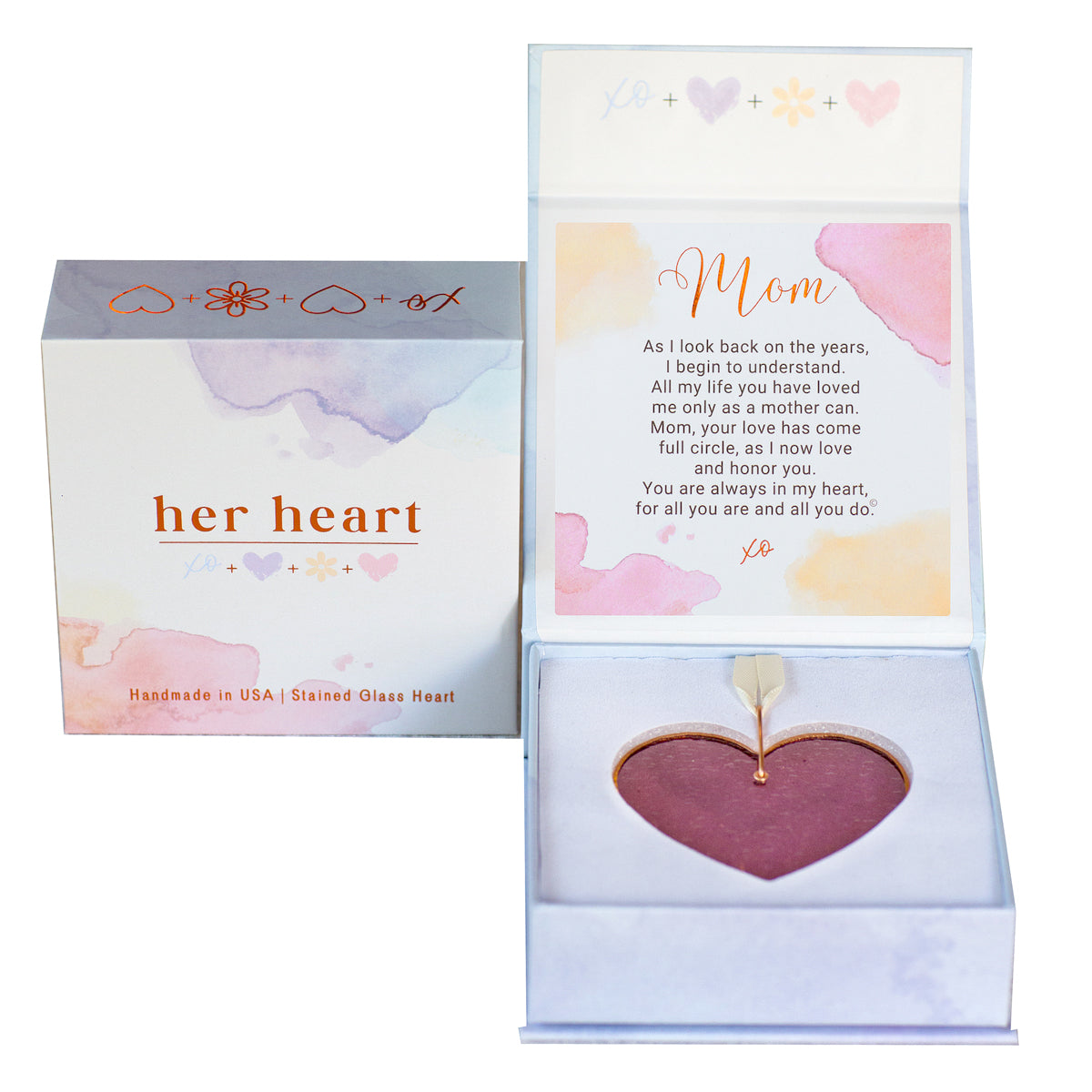 Her Heart for Mom gift box shown closed and open.  Open box features sentiment card and heart resting in foam cushion.