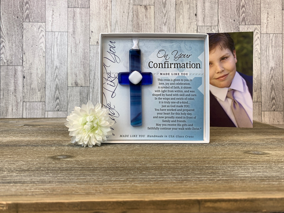 Blue glass cross and artwork with confirmation sentiment gift.