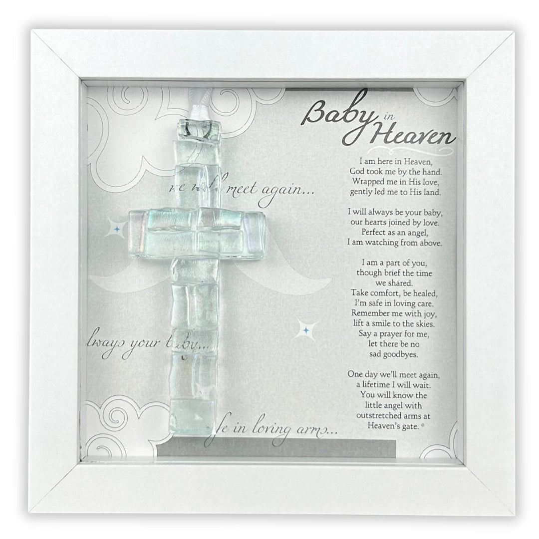 Baby in Heaven: Framed Infant Loss Memorial Handmade Clear Mosaic Cross with Baby in Heaven sentiment.