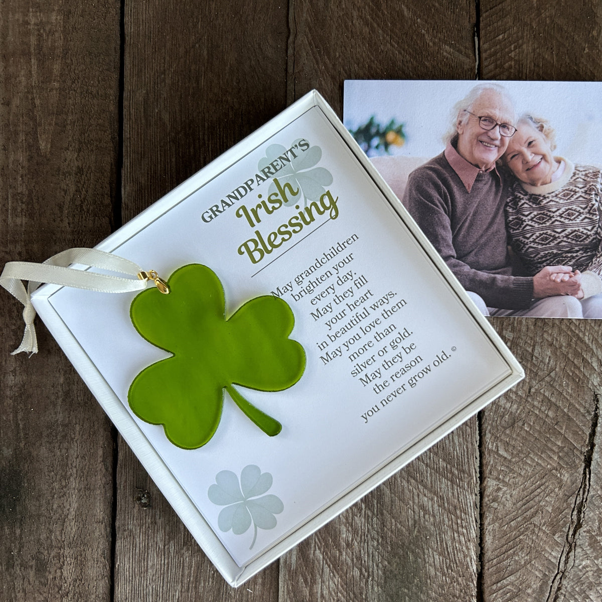 Grandparent&#39;s Irish Blessing Gift with photo of grandparents in background.