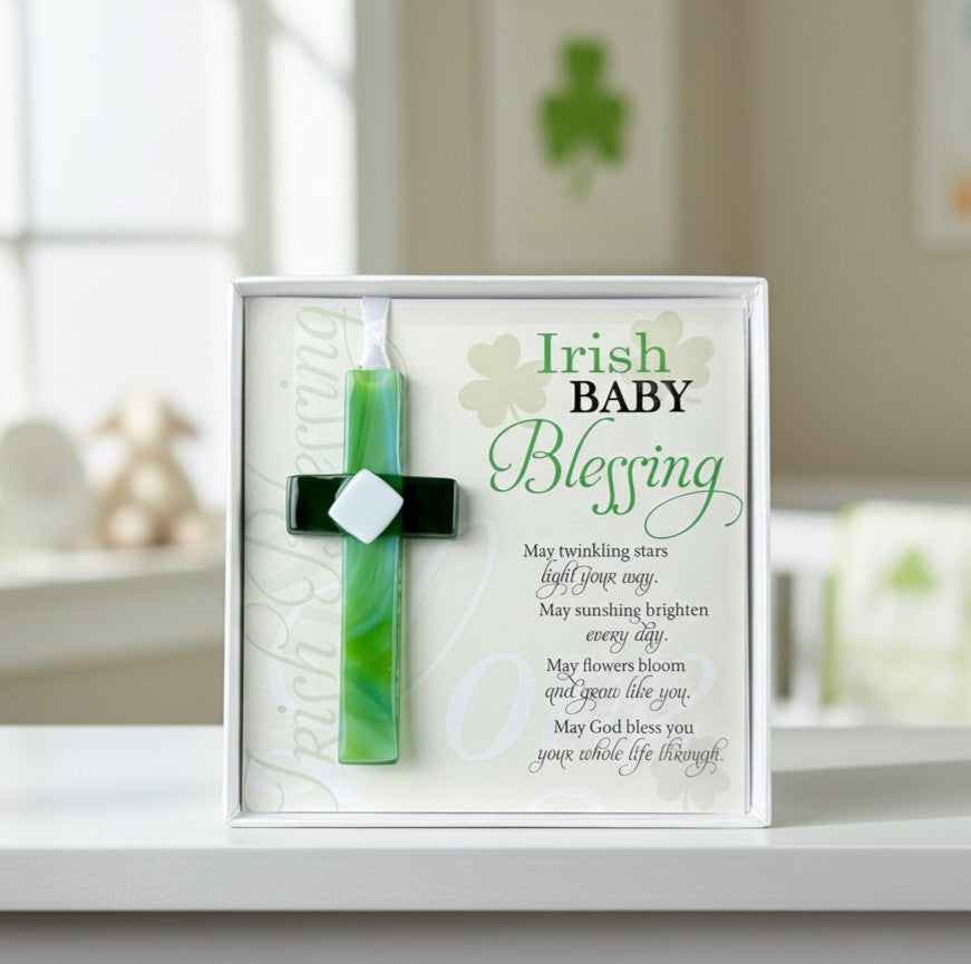 4" hanging "Made in the USA" green glass cross and Irish Baby Blessing poem packaged in white box with clear lid.