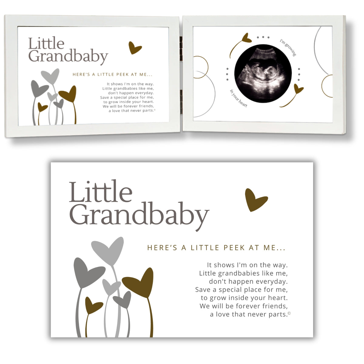 White 4x6 wood double frame with Little Grandbaby Sentiment on the left side and artwork with a 2.5&quot; circle for an ultrasound picture on the right side. A larger image of the Sentiment is shown below the frame.