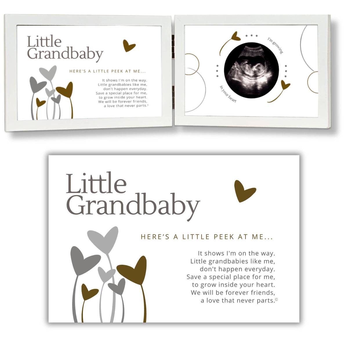 White 4x6 wood double frame with Little Grandbaby Sentiment on the left side and artwork with a 2.5" circle for an ultrasound picture on the right side. A larger image of the Sentiment is shown below the frame.