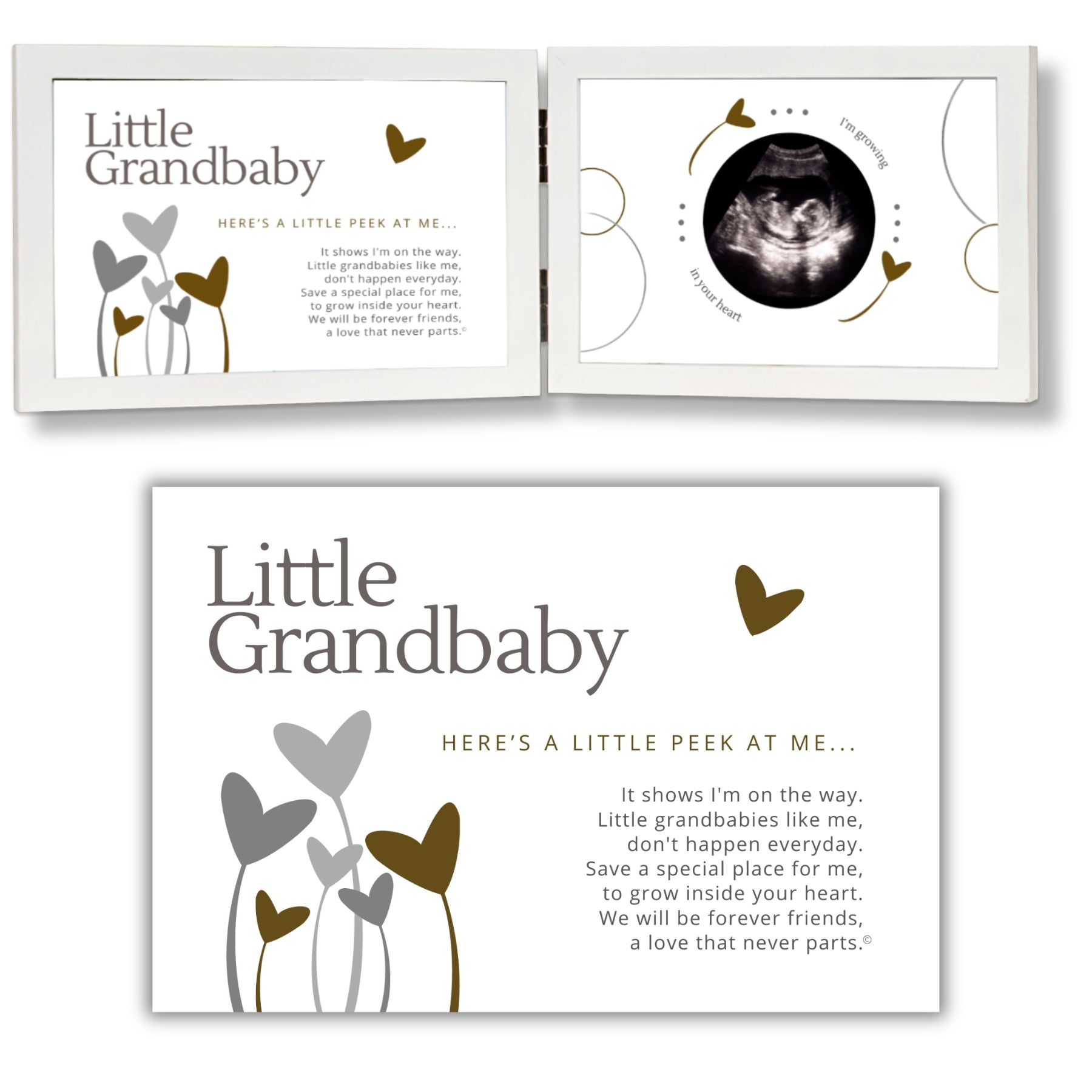 White 4x6 wood double frame with Little Grandbaby Sentiment on the left side and artwork with a 2.5" circle for an ultrasound picture on the right side. A larger image of the Sentiment is shown below the frame.