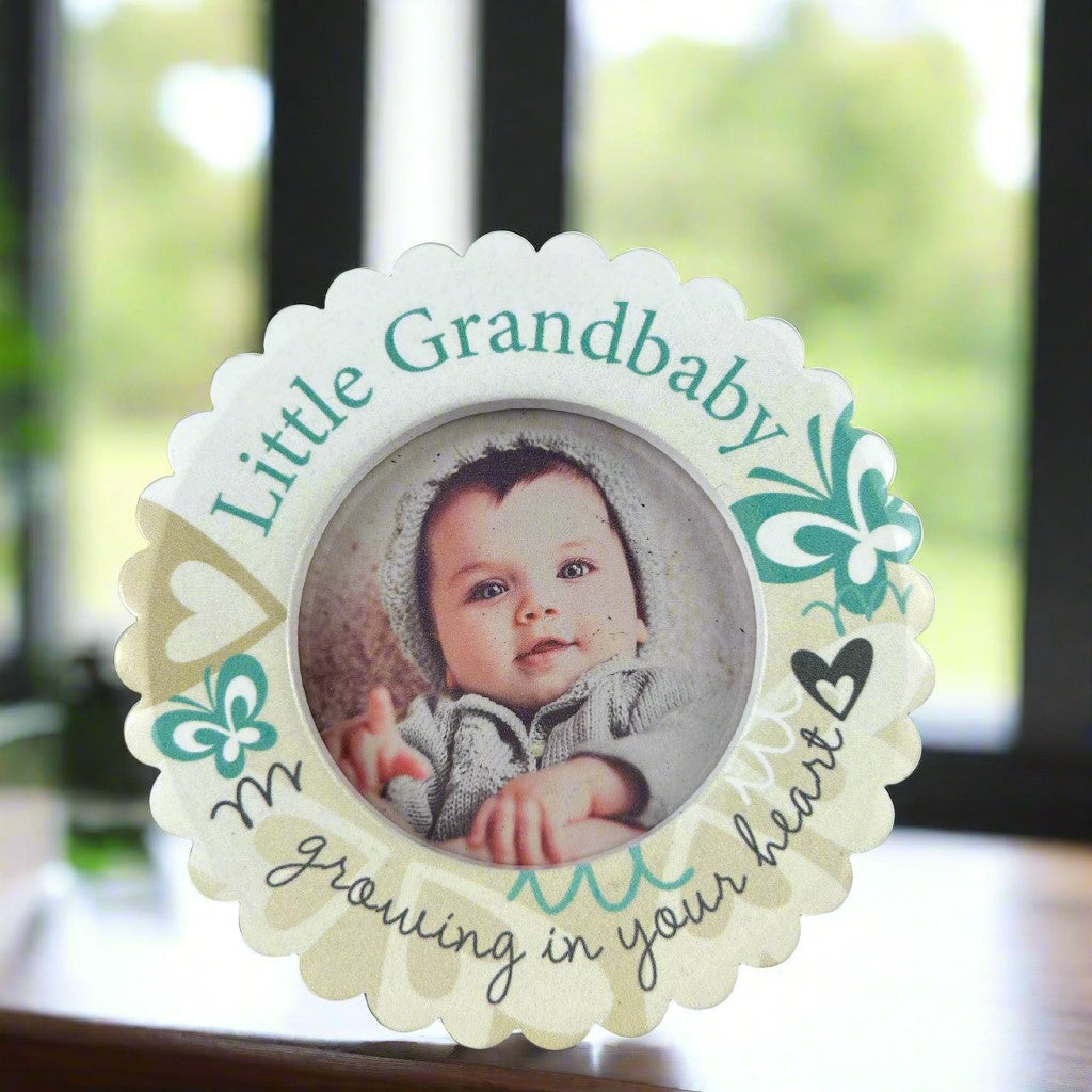 3" scalloped ceramic mini desk frame holds 2.25" round baby photo.