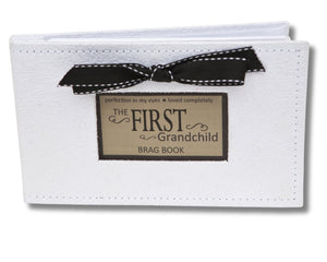 4 of 10:White faux suede photo album with black grosgrain ribbon bow and a window with sentiment artwork showing.