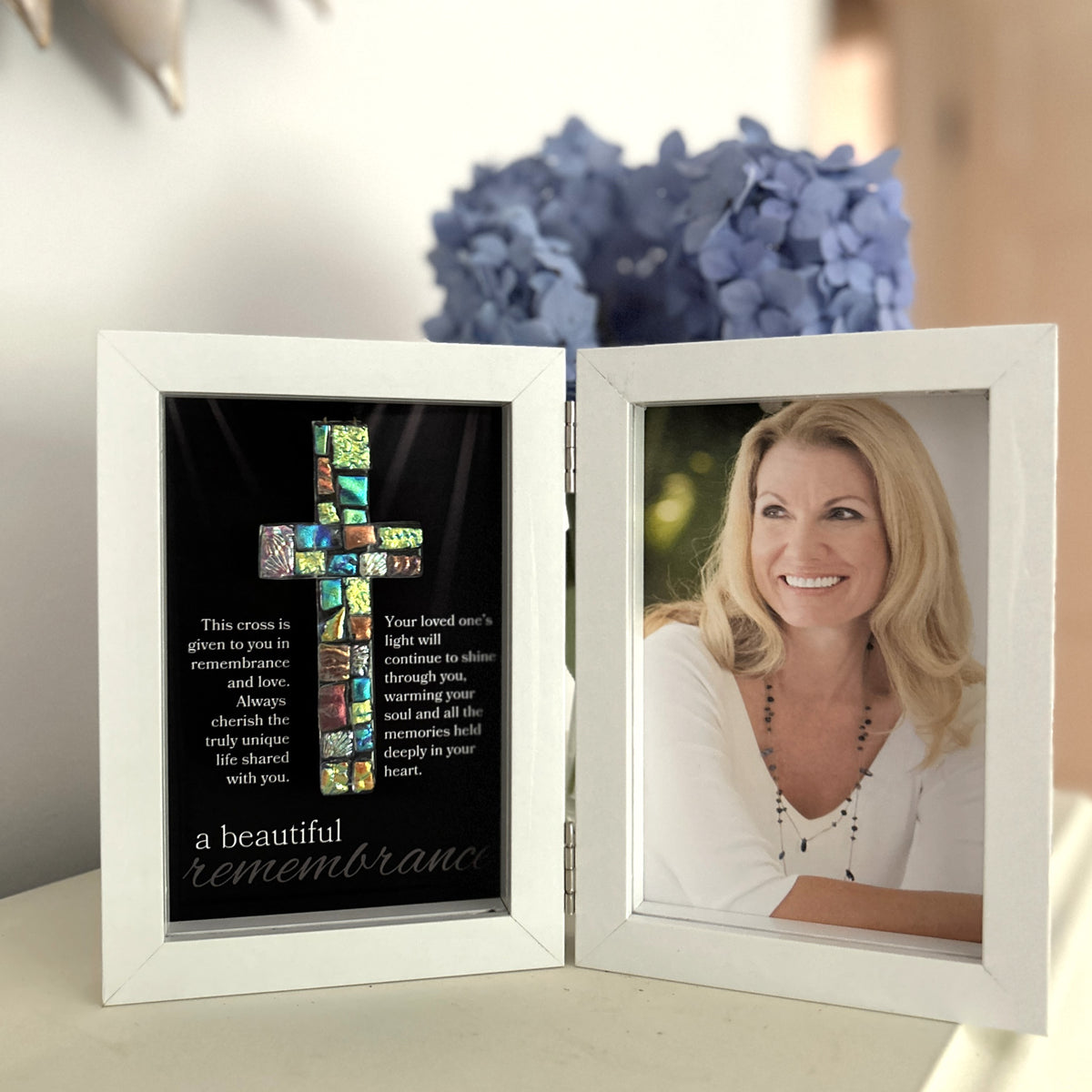 Framed "A Beautiful Remembrance" sentiment and cross.
