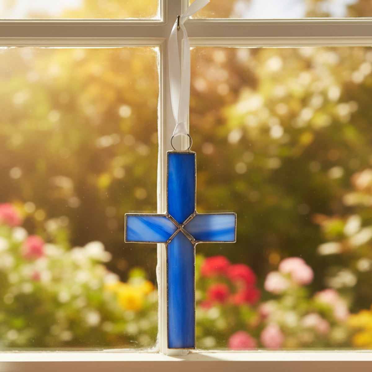 Blue stained glass cross with white satin ribbon for hanging.