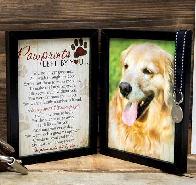 Pawprints Left by You black double frame with sentiment on the left and space for a 5x7 photo of pet on the right.