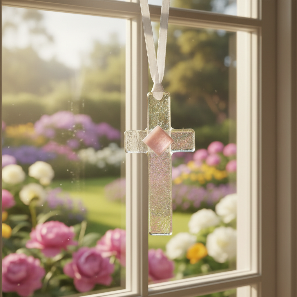 Clear iridescent cross with pink accent hanging in a window.
