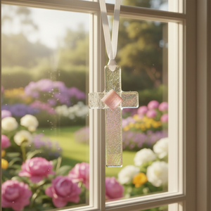 4 of 4:Clear iridescent cross with pink accent hanging in a window.