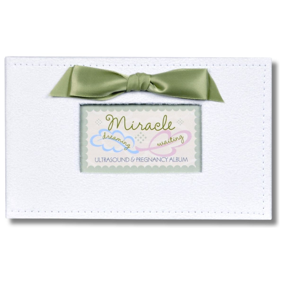 White faux suede photo album with green satin bow and a window with Miracle sentiment artwork showing.