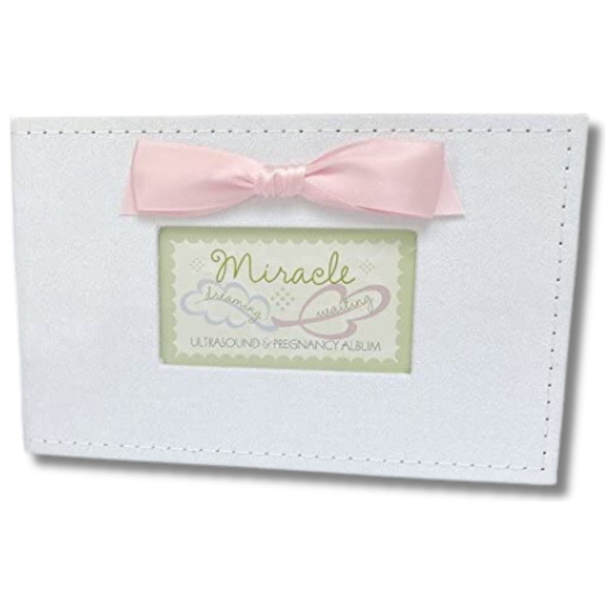 White faux suede photo album with pink satin bow and a window with Miracle sentiment artwork showing.