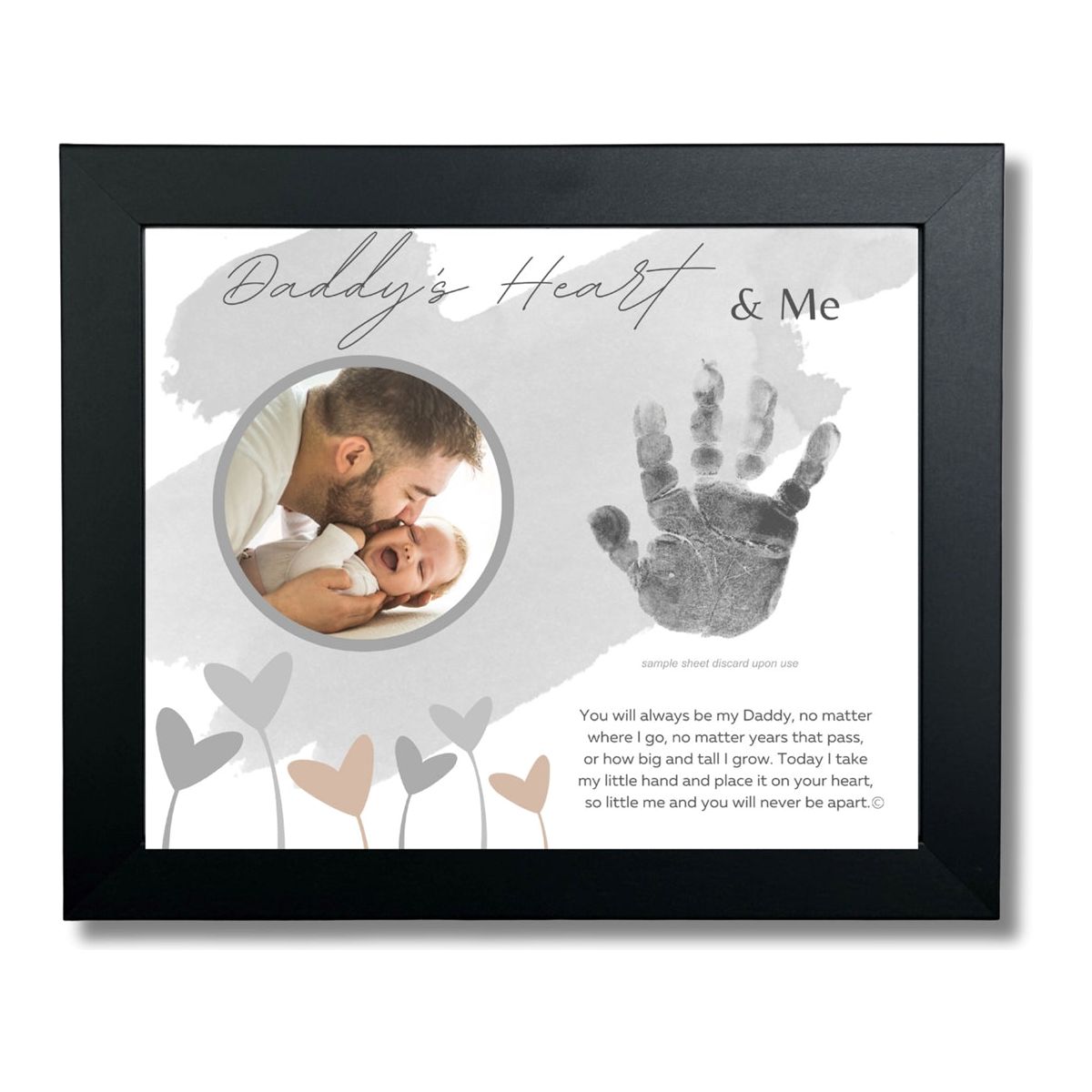 8x10 black frame with "Daddy's Heart & Me" artwork with poem, space for a handprint, and a circular opening for a photograph.