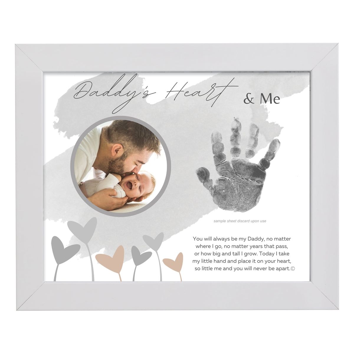 8x10 white frame with &quot;Daddy&#39;s Heart &amp; Me&quot; artwork with poem, space for a handprint, and a circular opening for a photograph.
