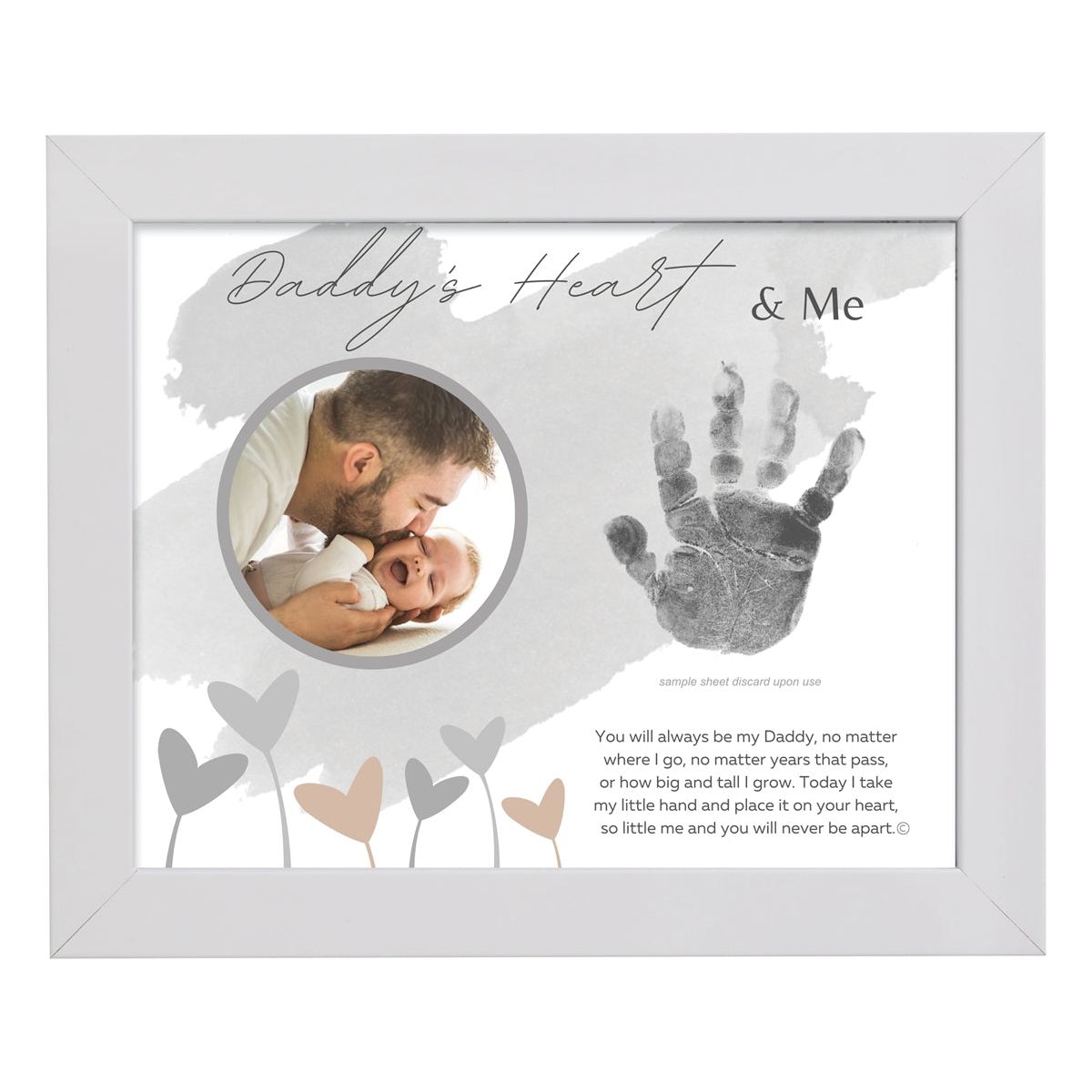 8x10 white frame with "Daddy's Heart & Me" artwork with poem, space for a handprint, and a circular opening for a photograph.