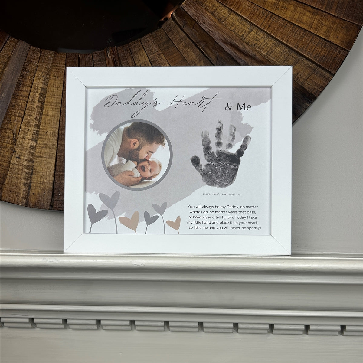 Daddy's Heart & Me white frame on a fireplace mantle.