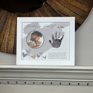 4 of 10:Daddy's Heart & Me white frame on a fireplace mantle.