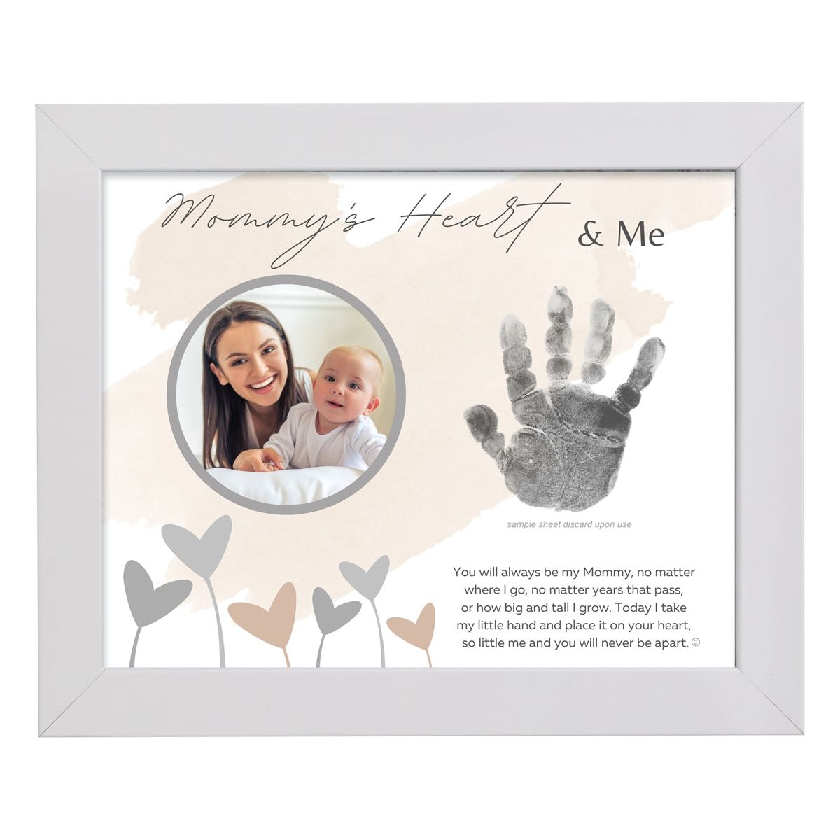 8x10 white frame with "Mommy's Heart & Me" artwork with poem, space for a handprint, and a circular opening for a photograph.