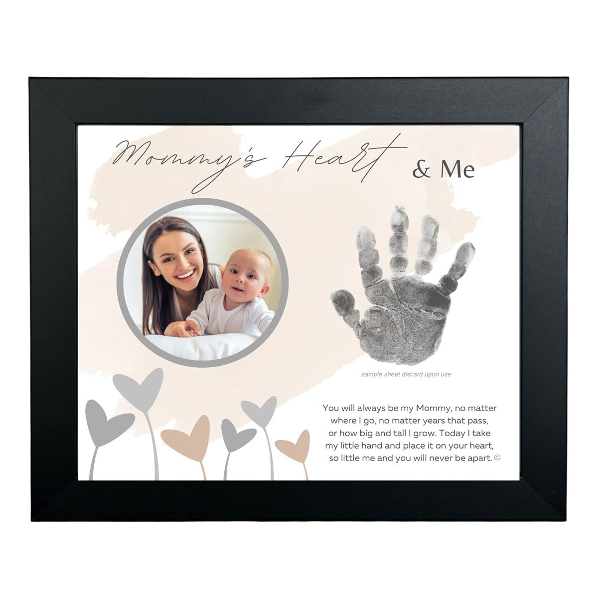 8x10 black frame with "Mommy's Heart & Me" artwork with poem, space for a handprint, and a circular opening for a photograph.