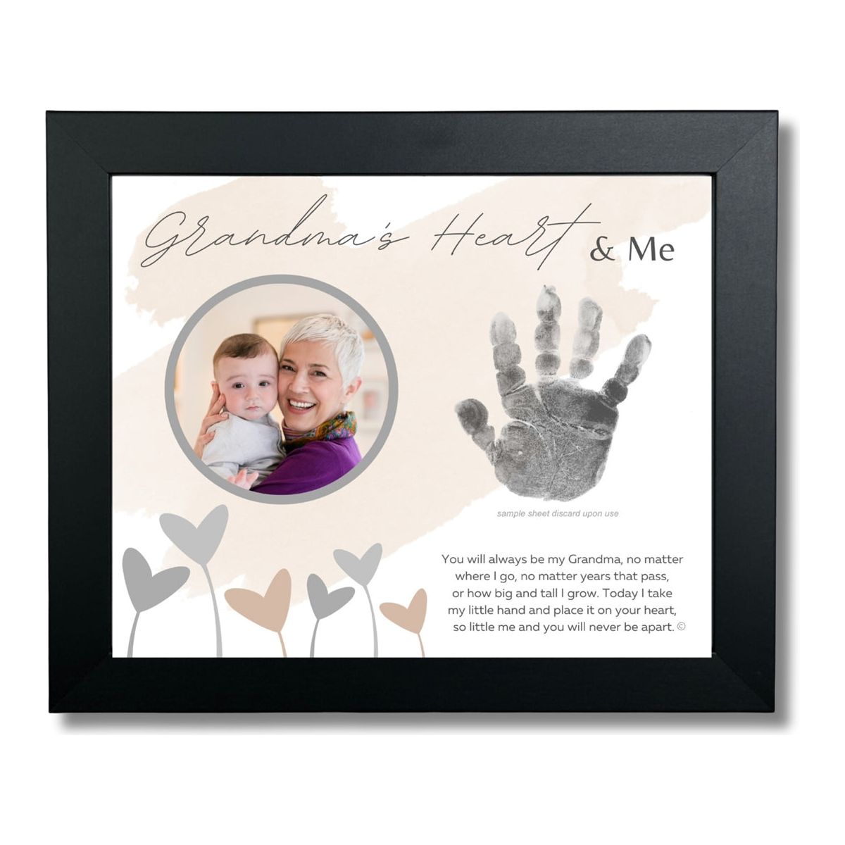 8x10 black frame with &quot;Grandma&#39;s Heart &amp; Me&quot; artwork with poem, space for a handprint, and a circular opening for a photograph.