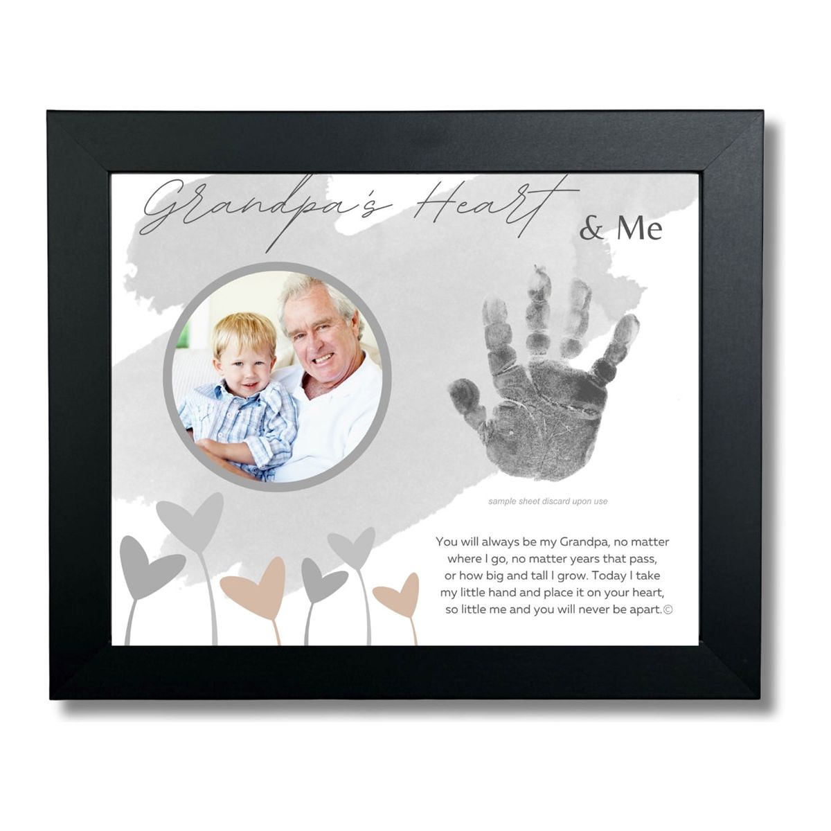 8x10 black frame with &quot;Grandpa&#39;s Heart &amp; Me&quot; artwork with poem, space for a handprint, and a circular opening for a photograph.