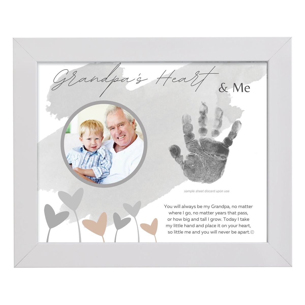 8x10 white frame with &quot;Grandpa&#39;s Heart &amp; Me&quot; artwork with poem, space for a handprint, and a circular opening for a photograph.