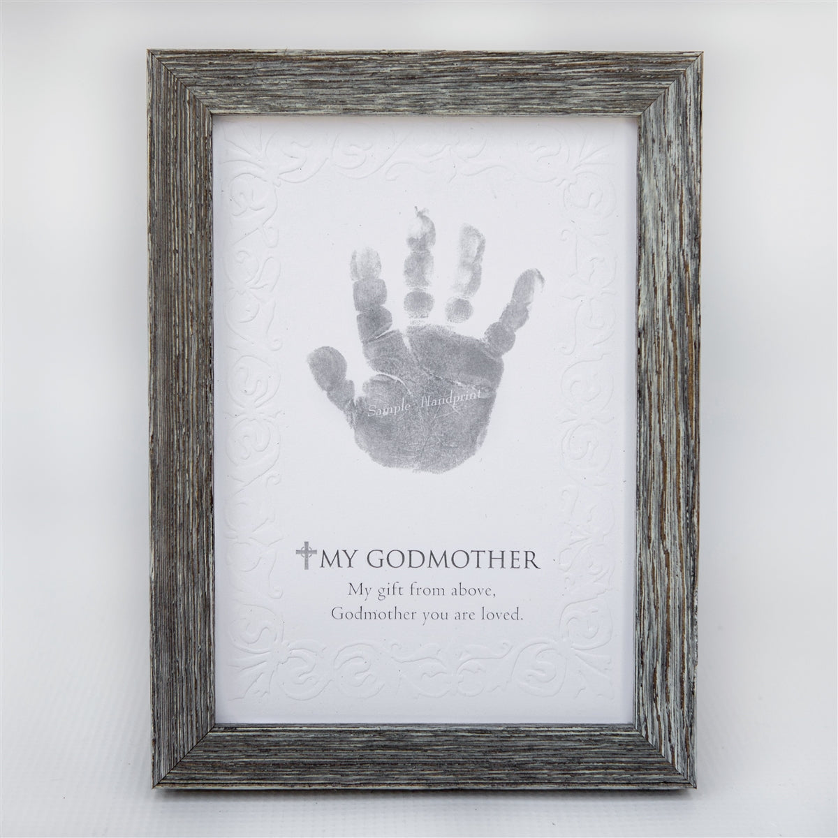 5x7 farmhouse frame with "My Godmother" sentiment on embossed cardstock with space for a child's handprint.