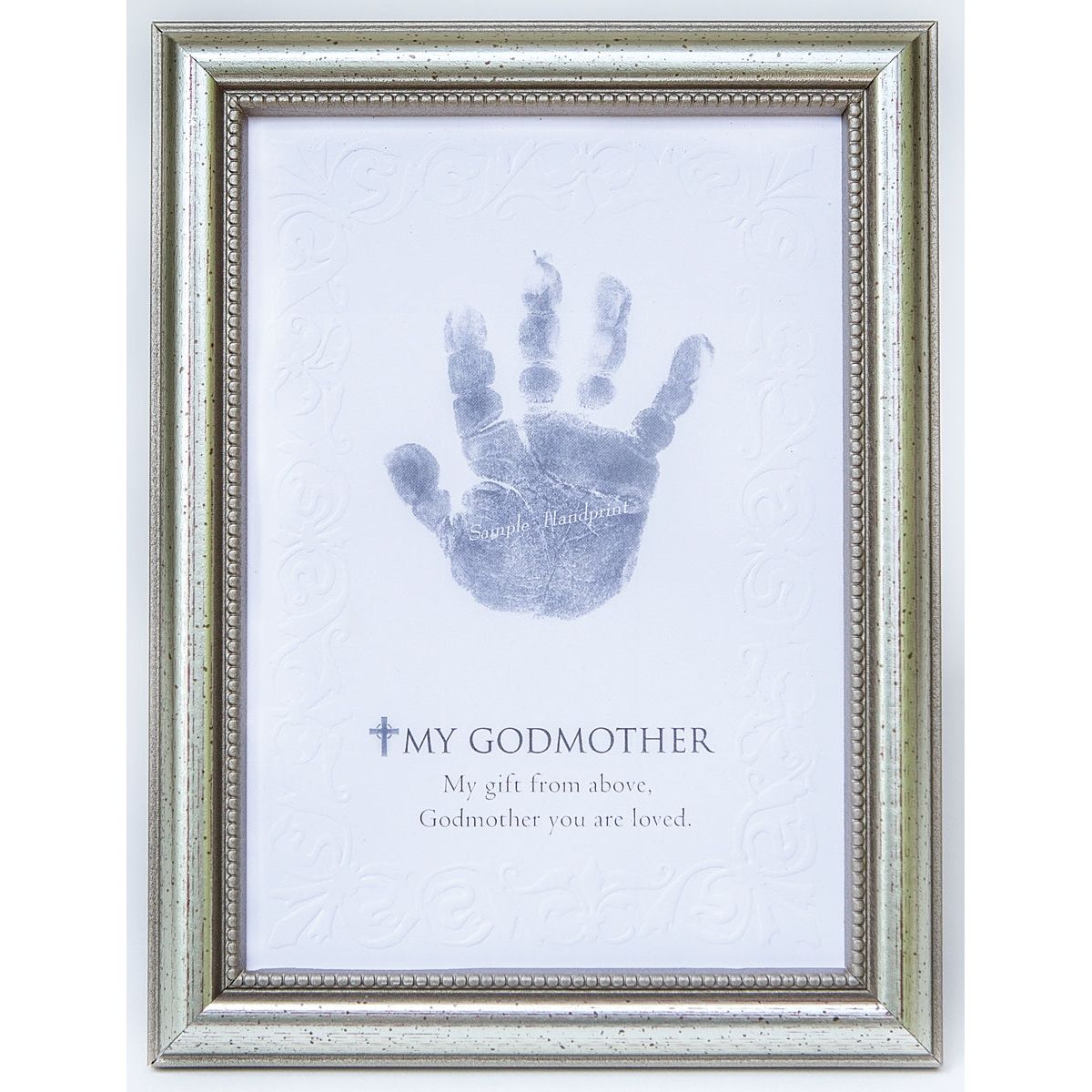 My Godmother handprint keepsake in elegant frame in silver with embossed beaded design.
