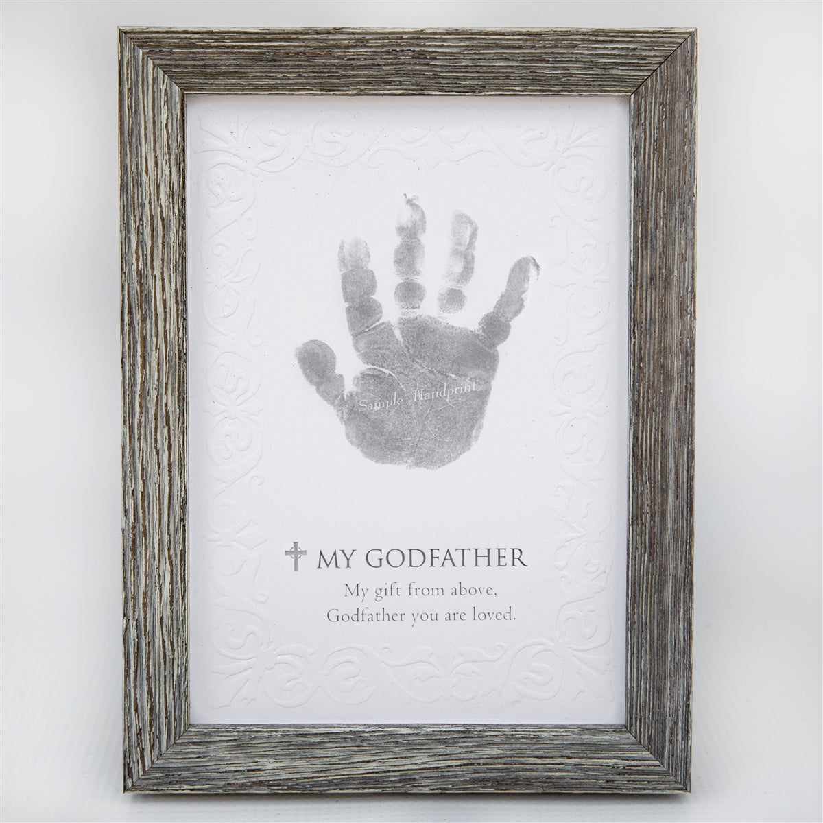 5x7 farmhouse frame with "My Godfather" sentiment on embossed cardstock with space for a child's handprint.