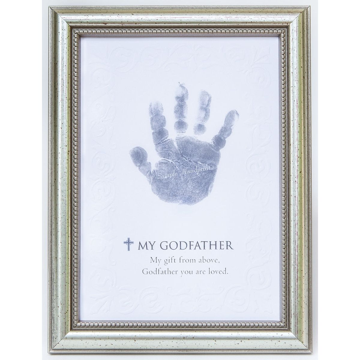 My Godfather handprint keepsake in elegant frame in silver with embossed beaded design.
