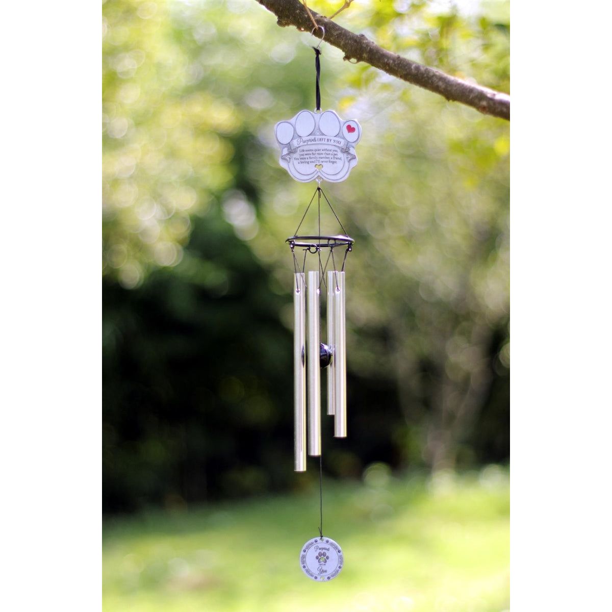 Silver toned metal pet loss windchime with red and black accents.