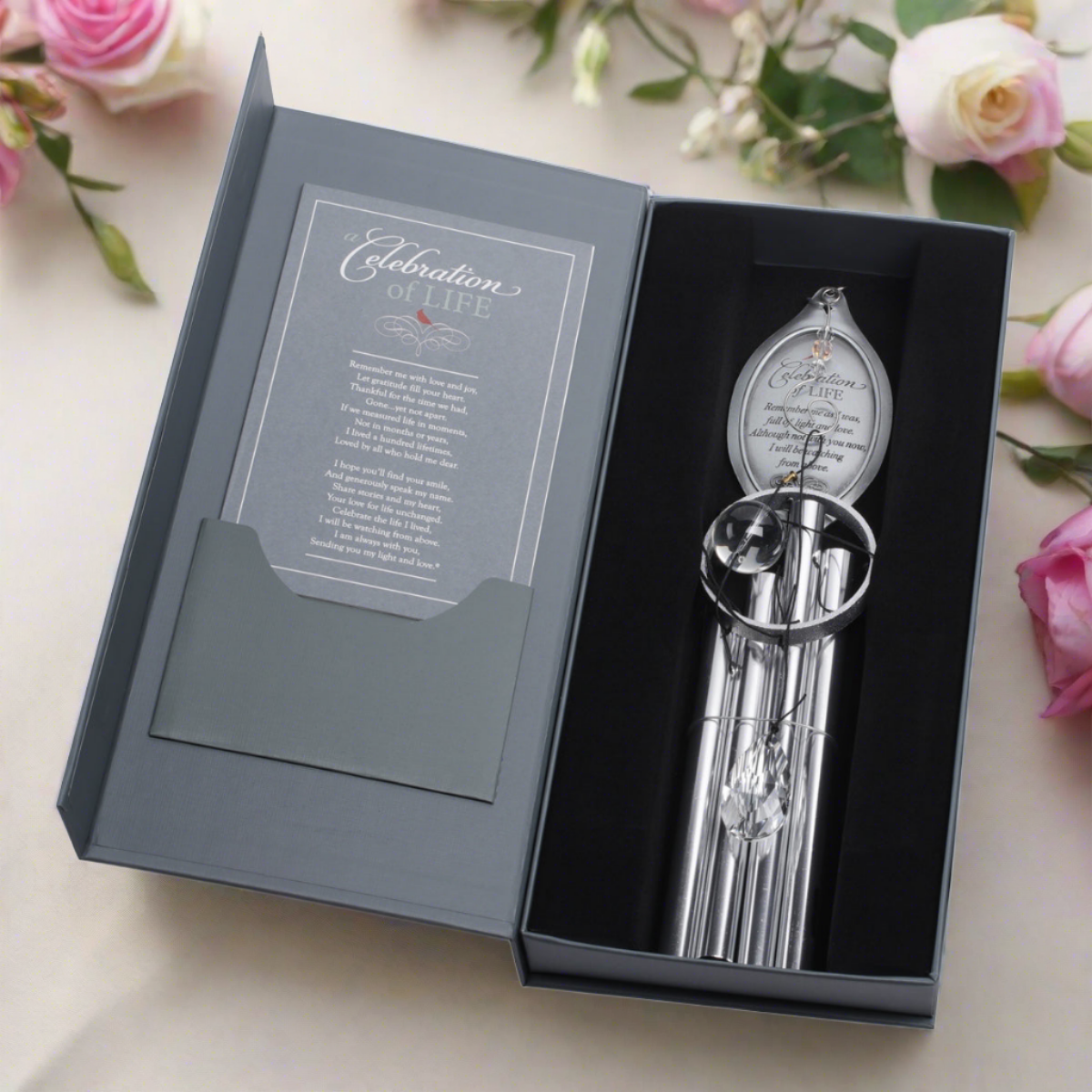 The windchime comes nestled in a high quality box with a Celebration of Life card.