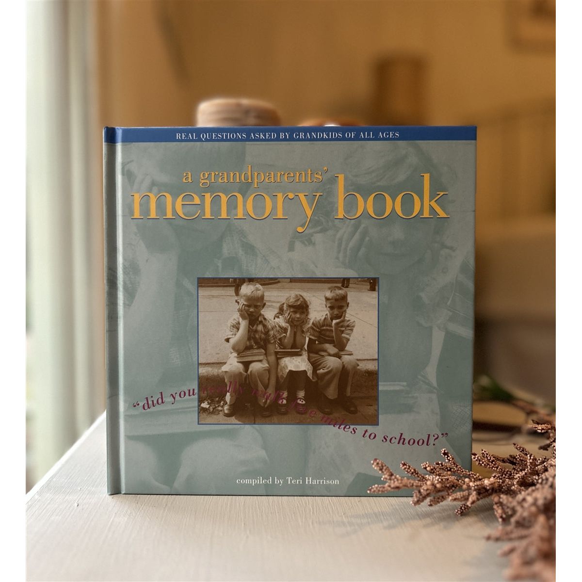 The grandparent memory book standing on a table. 