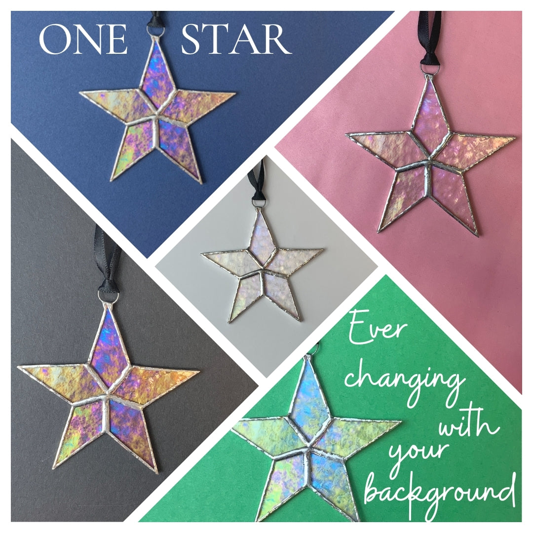 The clear iridescent star shines differently with each background.