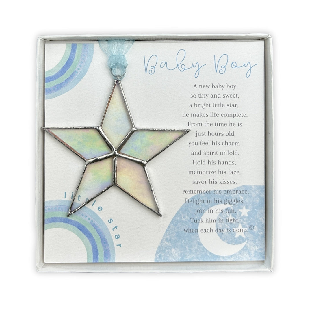 Handmade 4" clear iridescent stained-glass star with silver edging, packaged with "Baby Boy" sentiment in white gift box with clear lid.